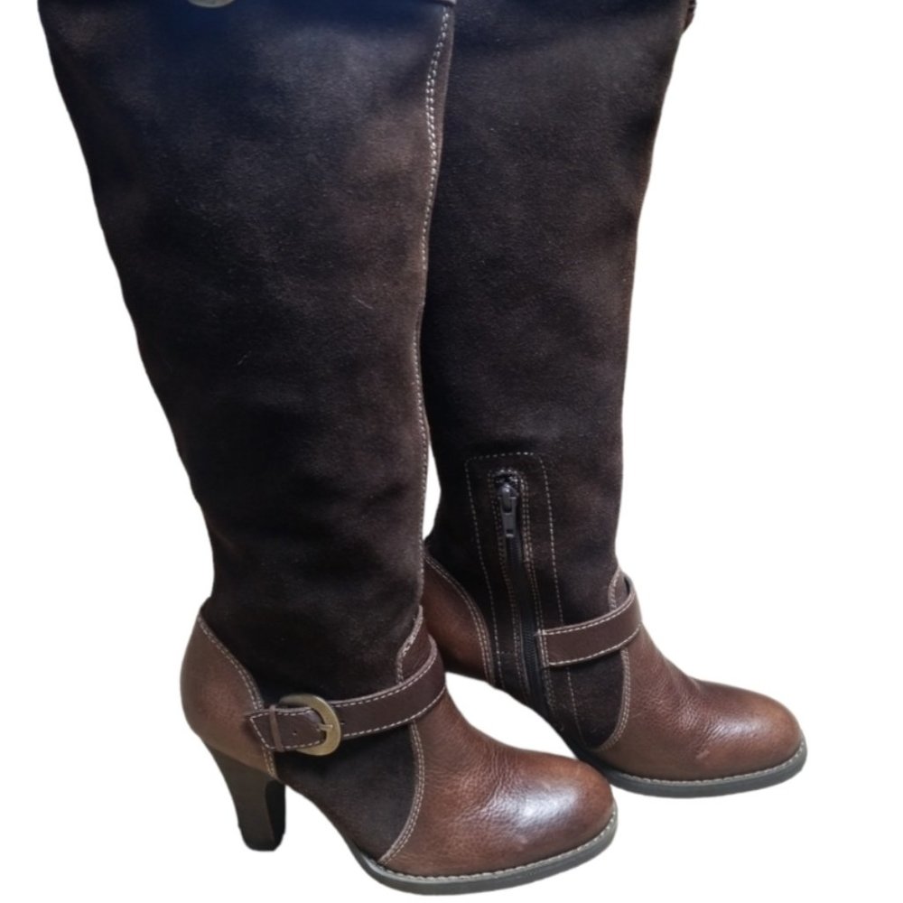 RELATIVITY Eva 7M Brown Suede & Leather Buckle Zip Knee-High Heeled Boots
